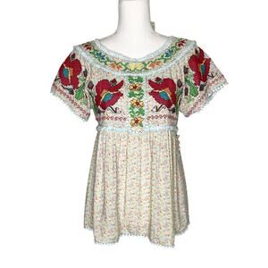 Ivy Jane Floral Baby Doll Blouse Top Mexican Style Floral Embroidery Small